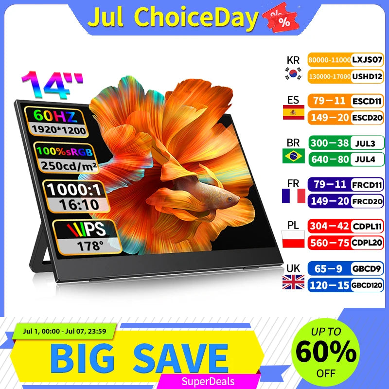 14" Full HD Portable Monitor 100%SRGB 16:10 for Suitable for laptop expansion dual screen solution for Enhanced Productivity