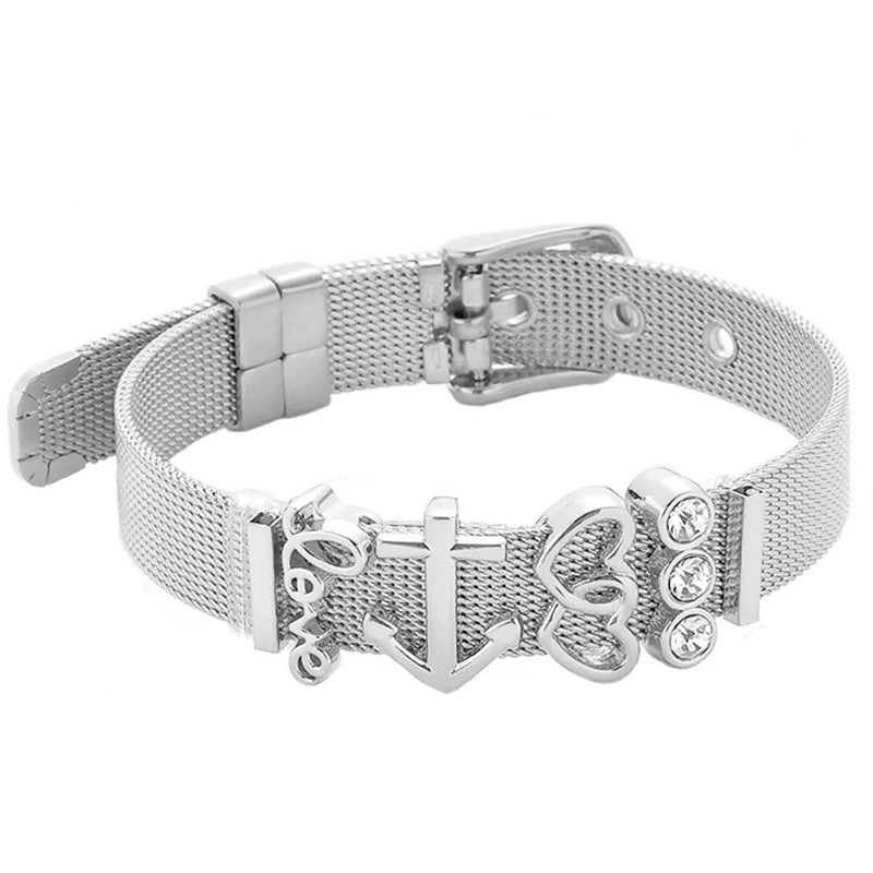 Fashion Stainless Steel For Woman Men Bracelet Mesh Bracelet Set Crystal Heart Anchor Charm Fine Bracelet Bangle Female Lover