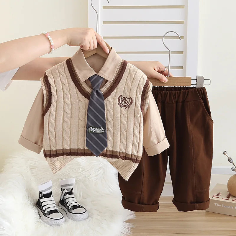 Children Boy Clothes Sets Autumn High Quality Fashion Knitted Vest Shirt+Pants 3pc Suits Kids Boys College Style Casual Clothing