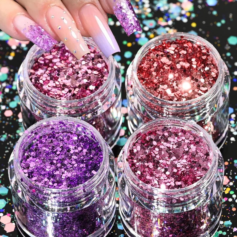 Holographic Glitter set 4 different shines Nail Sequins 10 grams each jar Holographic Cosmetic Festival Chunky Glitters Sequins