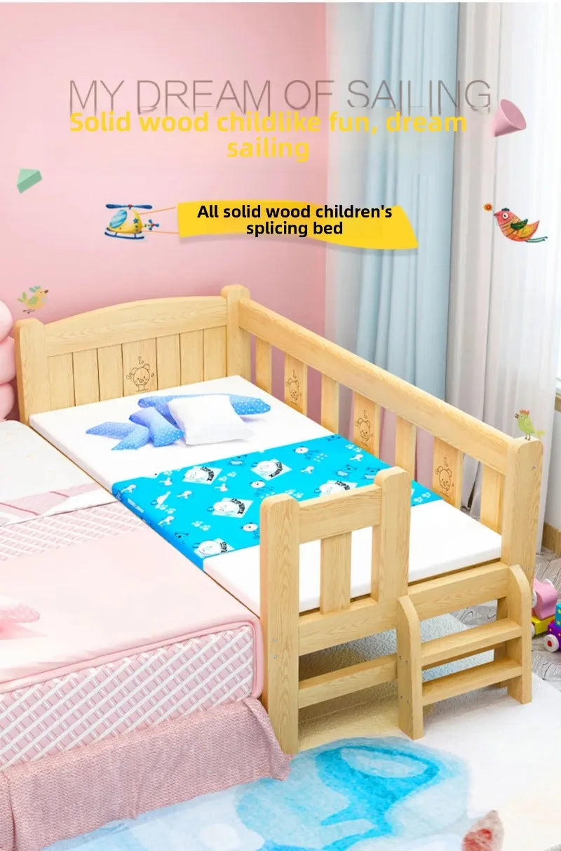Solid Wood Children's Bed, Boy's Single Bed, with Guardrail, Girl's Princess Bed, Widened and Connected, Customizable