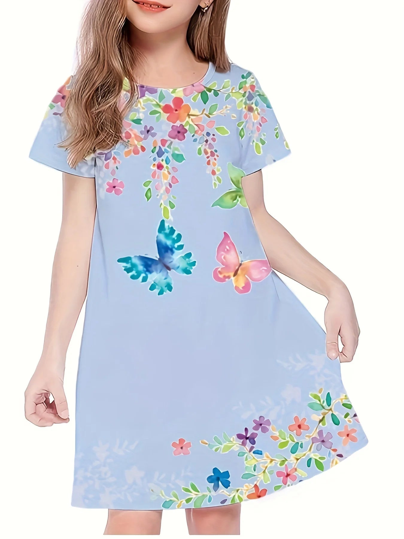 3-14 year old girl butterfly small fresh 3D printed short sleeved dress loose and comfortable party dress