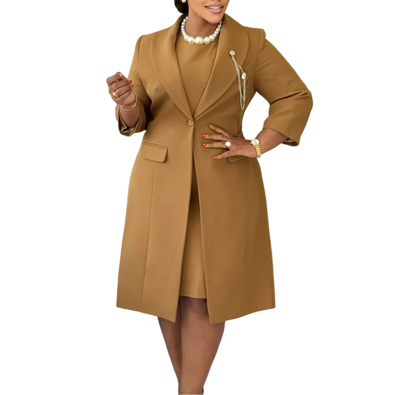 Office Ladies Elegant Two Piece Set Blazer Coat Chest Chain O Neck Sleeveless Inner Dress Classy Slim Church Formal Work Wear