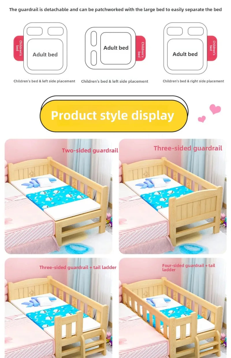 Solid Wood Children's Bed, Boy's Single Bed, with Guardrail, Girl's Princess Bed, Widened and Connected, Customizable