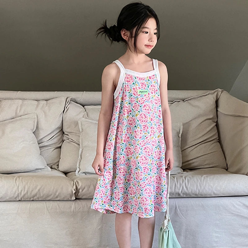 Girls Dress for Teens 11 12 to 13 Years Blue Floral Dress Summer Kids Clothes Casual Sleeveless Children's Dresses 140 150 160cm