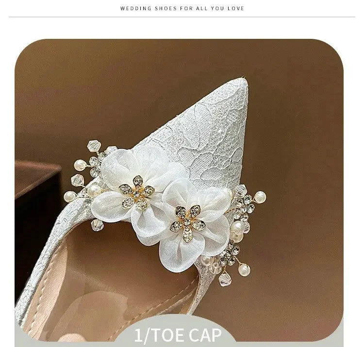French Bride Gold Wedding Shoes for women Thin Heel Pointed Shallow Mouth Flower Rhinodrill High Heels Bao Head Fashion Sandals
