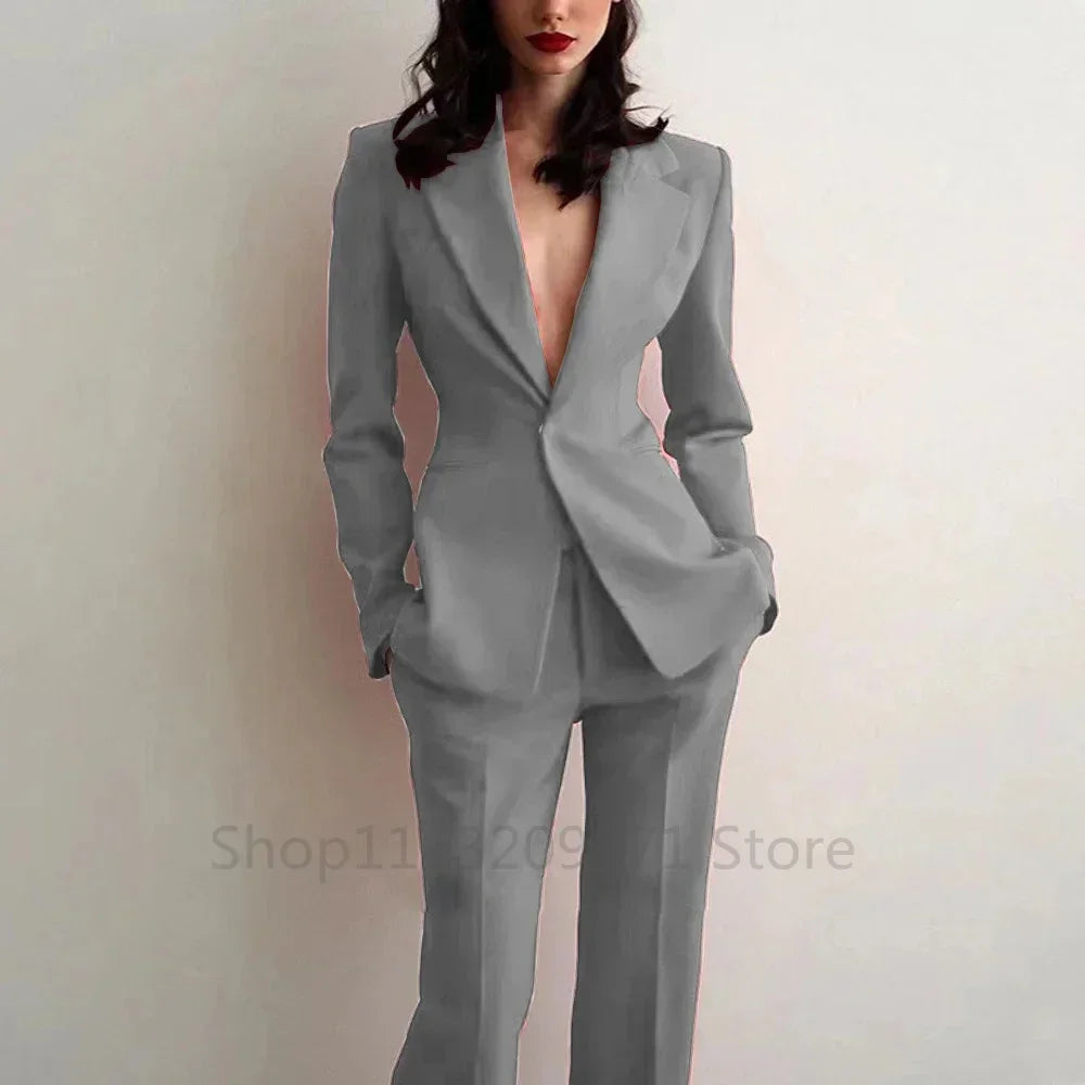 Women Suit 2 Pieces Royal blue Single Button Solid Slim For Wedding Business Work Office Daily Commute Casual Set Blazer+ Pant