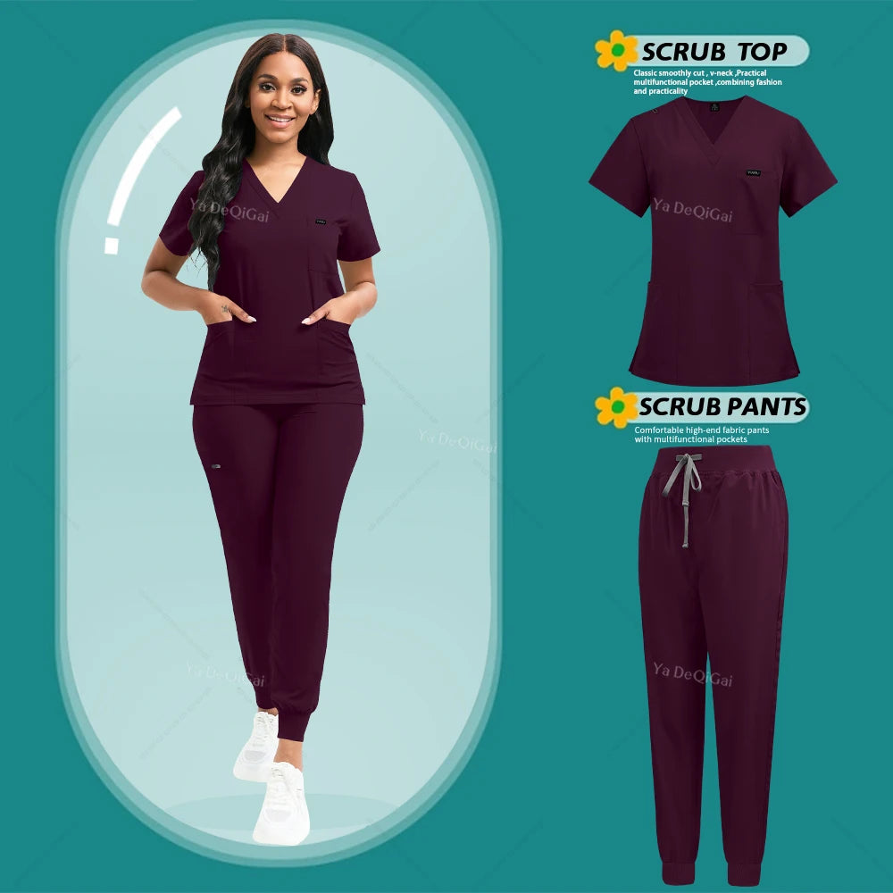Stretch Scrubs Women Set Nursing Uniforms Clinical Scrubs Set Nurse Doctor Dustproof Workwear Medical Scrubs Top+ Jogger Pants