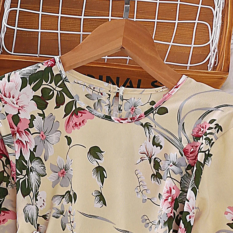Dress Kids Girls 5-12 Years Cream-Coloured Printed Long-Sleeved Pleated Dress For Girls Summer Princess Baby Girl Dress