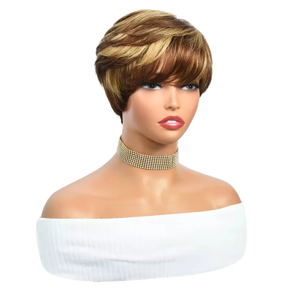 Highlight Wig Human Hair Short Pixie Cut Highlighted Human Hair Wigs for Women 4/27# Colored Machine Made Wigs  Layered Wavy Wig