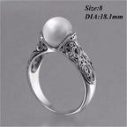 Charm Gift Vintage Carved White Pearl Ring Jewelry Yellow Gold Plated 14K