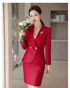 NAVIU Blue Suits Women 2023 New Autumn Professional Long Sleeve Rulffes Slim Blazer And Skirt Sets Office Ladies Work Wear Red