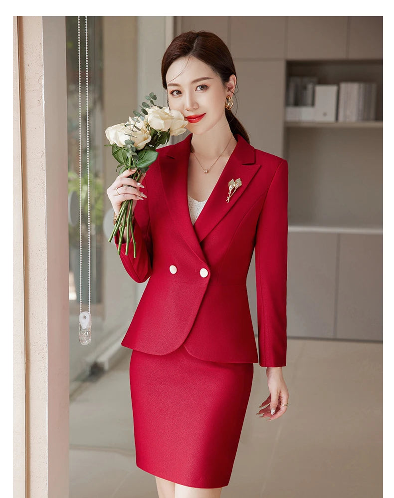 NAVIU Blue Suits Women 2023 New Autumn Professional Long Sleeve Rulffes Slim Blazer And Skirt Sets Office Ladies Work Wear Red