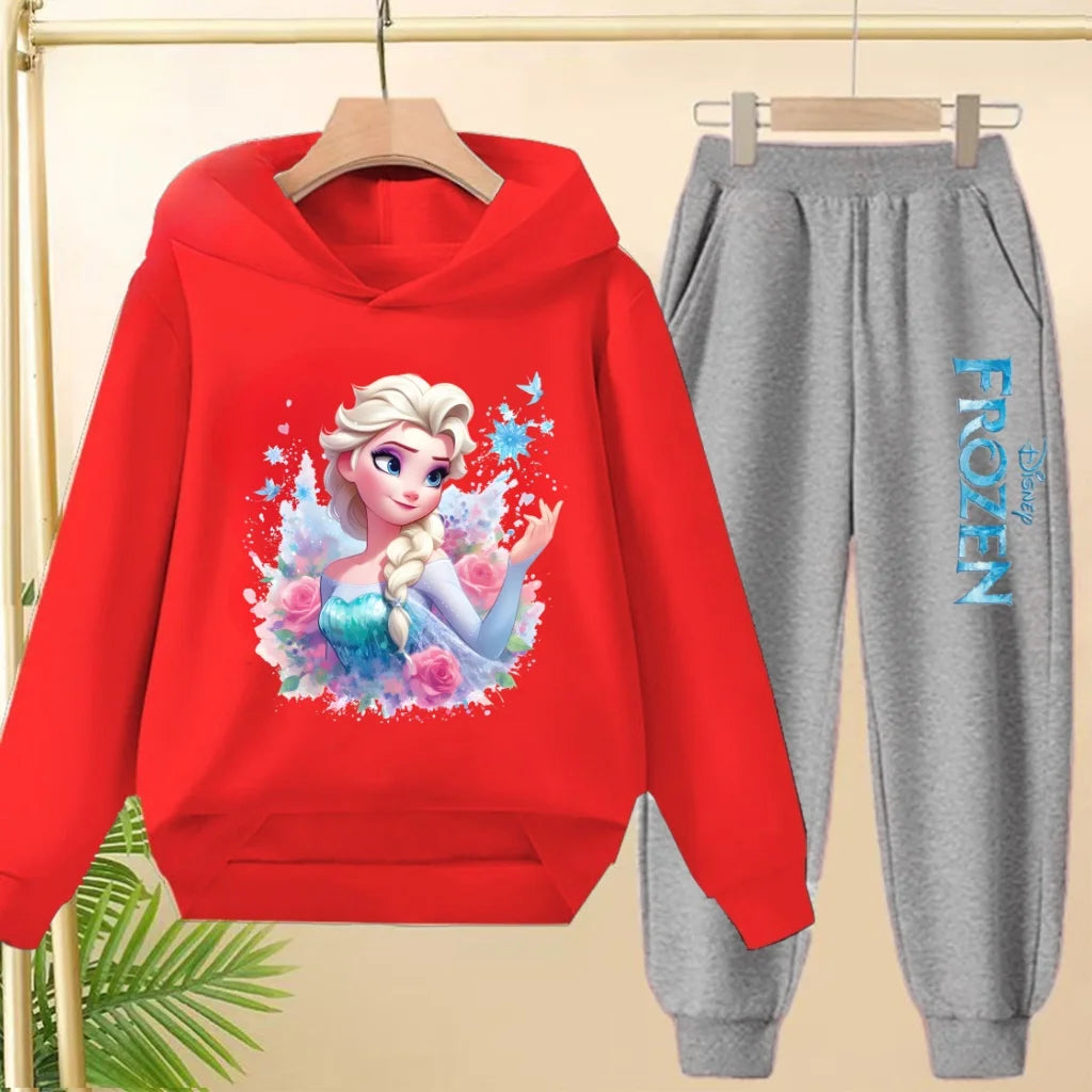 kids Kawaii Elsa Anima Film Pink Hoodies Boys Girls Casual Sweatshirt+Pants 3-12 Years Fashion Top Tracksuit Frozen Set Clothing