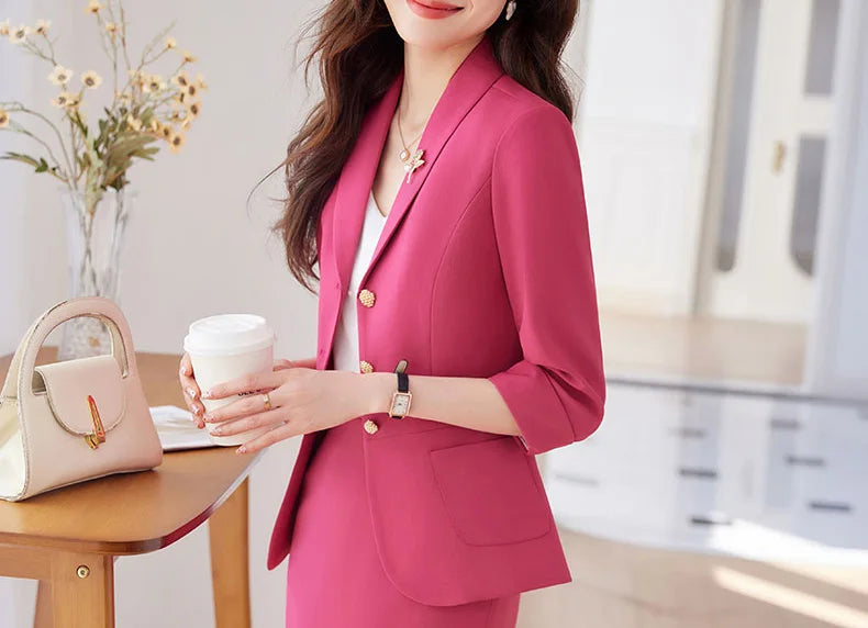 Yitimuceng Elegant Blazer for Women Office Fashion Three Quarters Suits Solid Single Breasted 2025 New All Seasons Skirt Suits