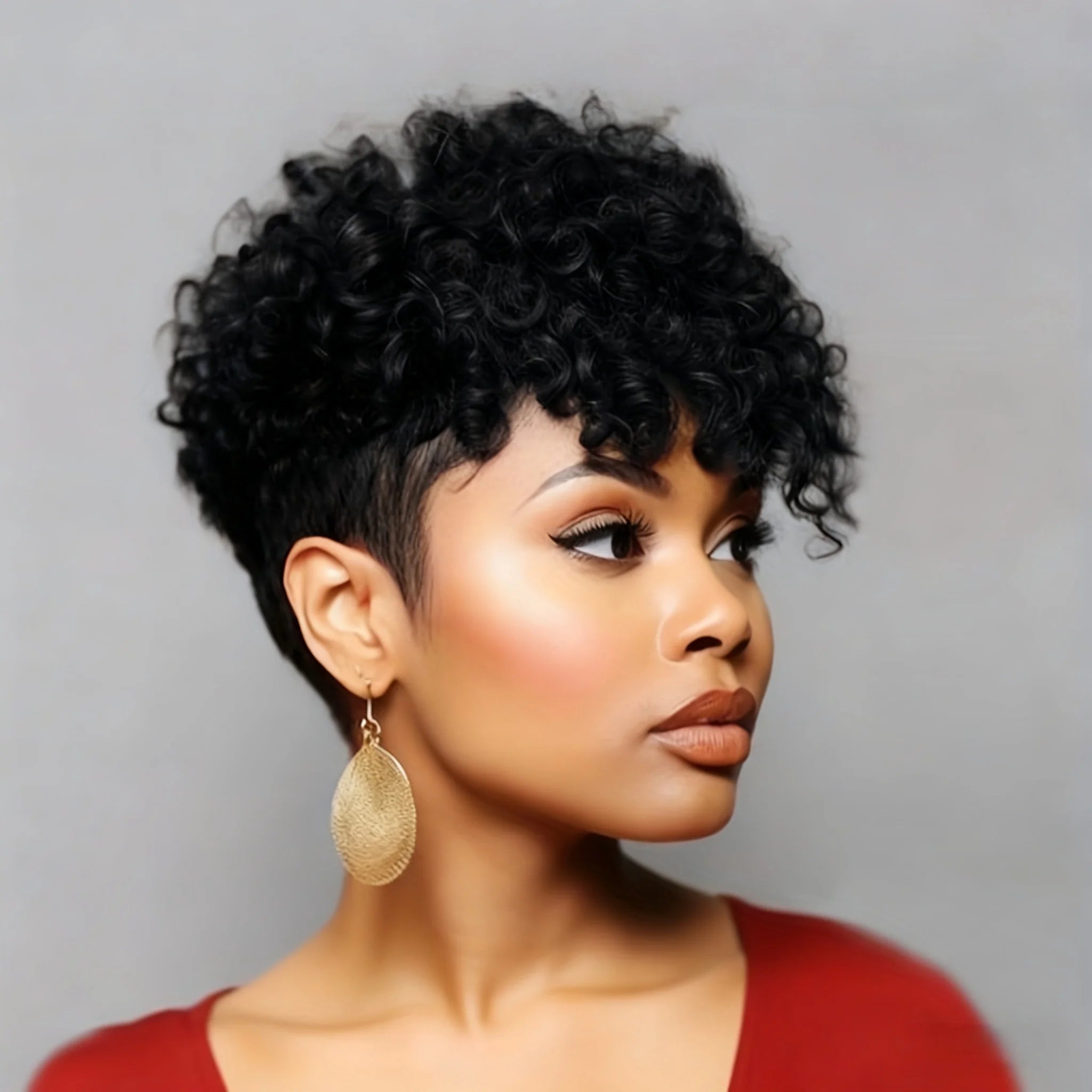 Human Hair Wig Burgundy 4# black Curly Pixie Cut with Layers With Bangs Short Hair Wigs For Women Full Machine Made Wig