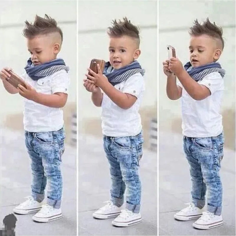 2-7 Years Kids Clothes Boys Outfit Summer Children's Clothing Boy Sets Cotton Short Sleeve O-Neck Tops+Jeans+Scarf Baby Costume