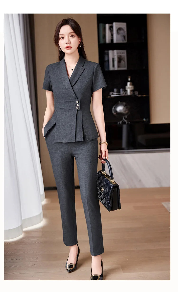 Summer Fabric Professional Women Business Suit with Pants and Jackets Coat Pantsuits Blazers Ladies Work Wear Trousers Set