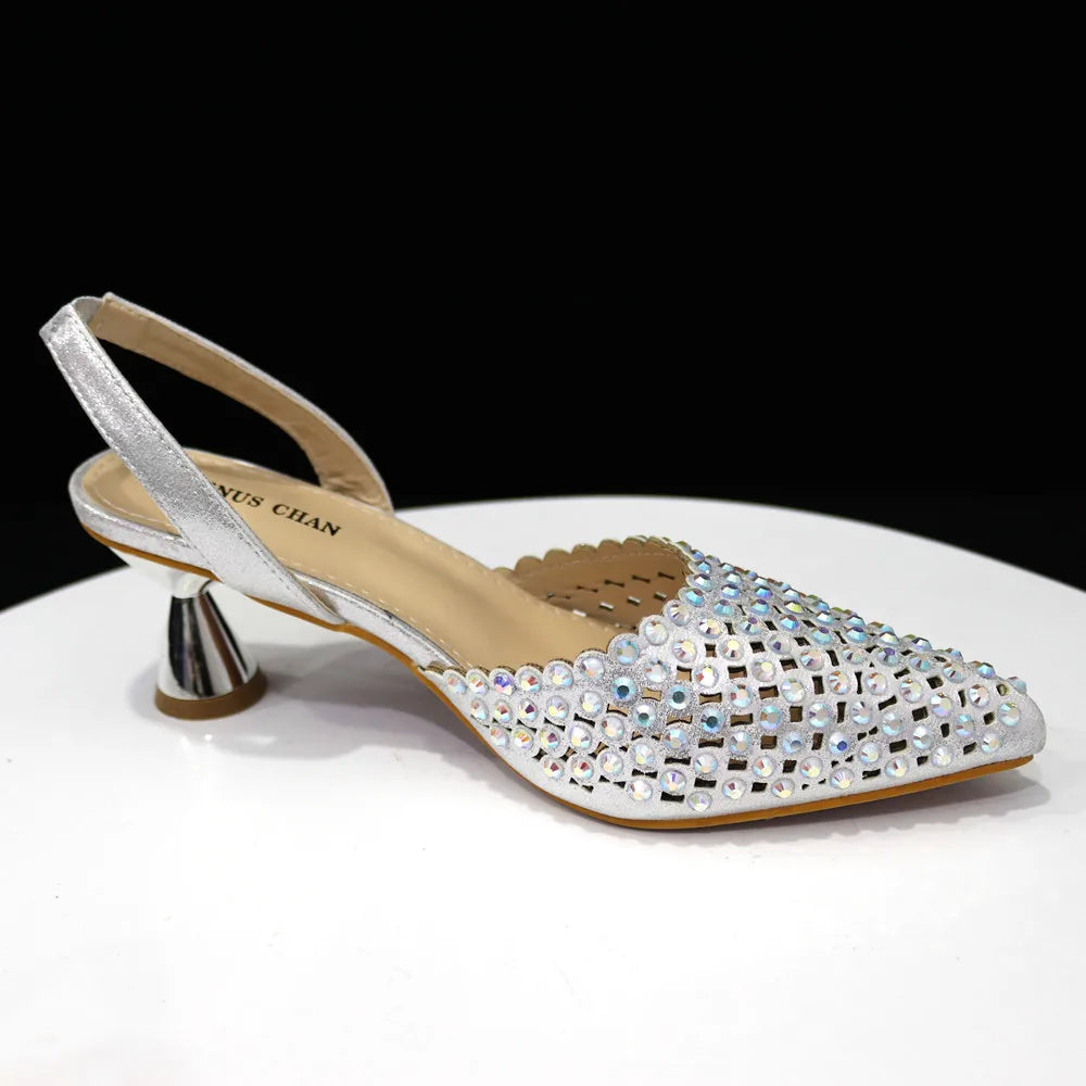 Venus Chan Pointed Toe Heels for Women 2023 Elegant Party Wine Color Full Diamond Pumps Italian Shoes and Bags Matching Set