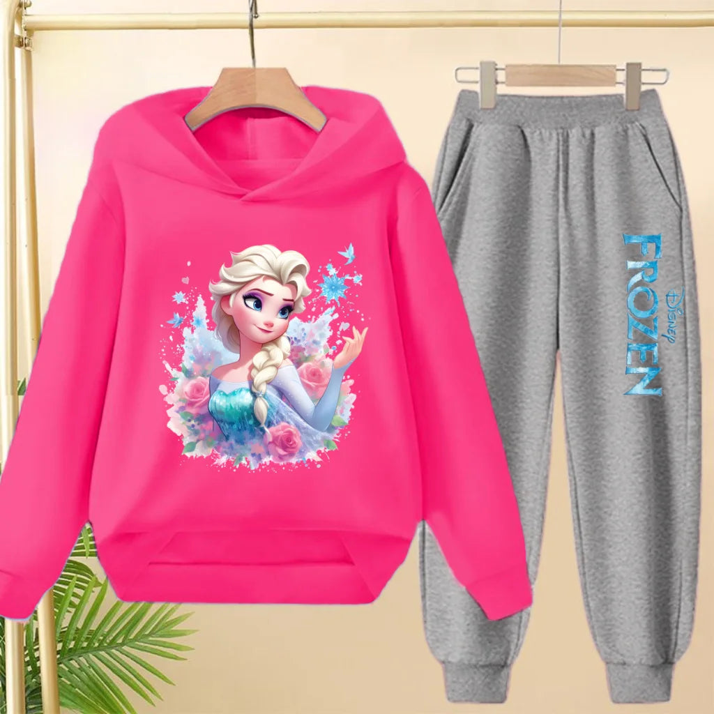 kids Kawaii Elsa Anima Film Pink Hoodies Boys Girls Casual Sweatshirt+Pants 3-12 Years Fashion Top Tracksuit Frozen Set Clothing
