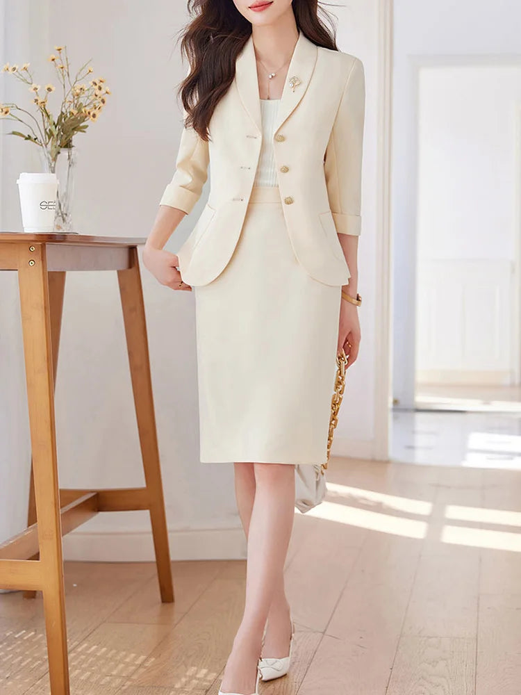 Yitimuceng Elegant Blazer for Women Office Fashion Three Quarters Suits Solid Single Breasted 2025 New All Seasons Skirt Suits