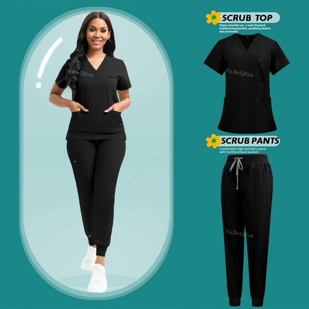 Stretch Scrubs Women Set Nursing Uniforms Clinical Scrubs Set Nurse Doctor Dustproof Workwear Medical Scrubs Top+ Jogger Pants