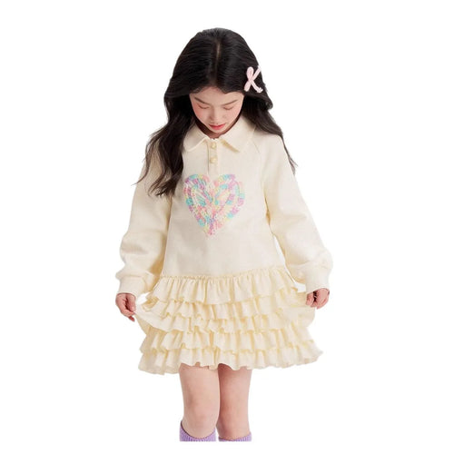 2025 New Autumn heart Teens Girls Cloth long sleeve T-Shirt Pleated splicing princess dress Children Tiered Skirt 5 12 14 year