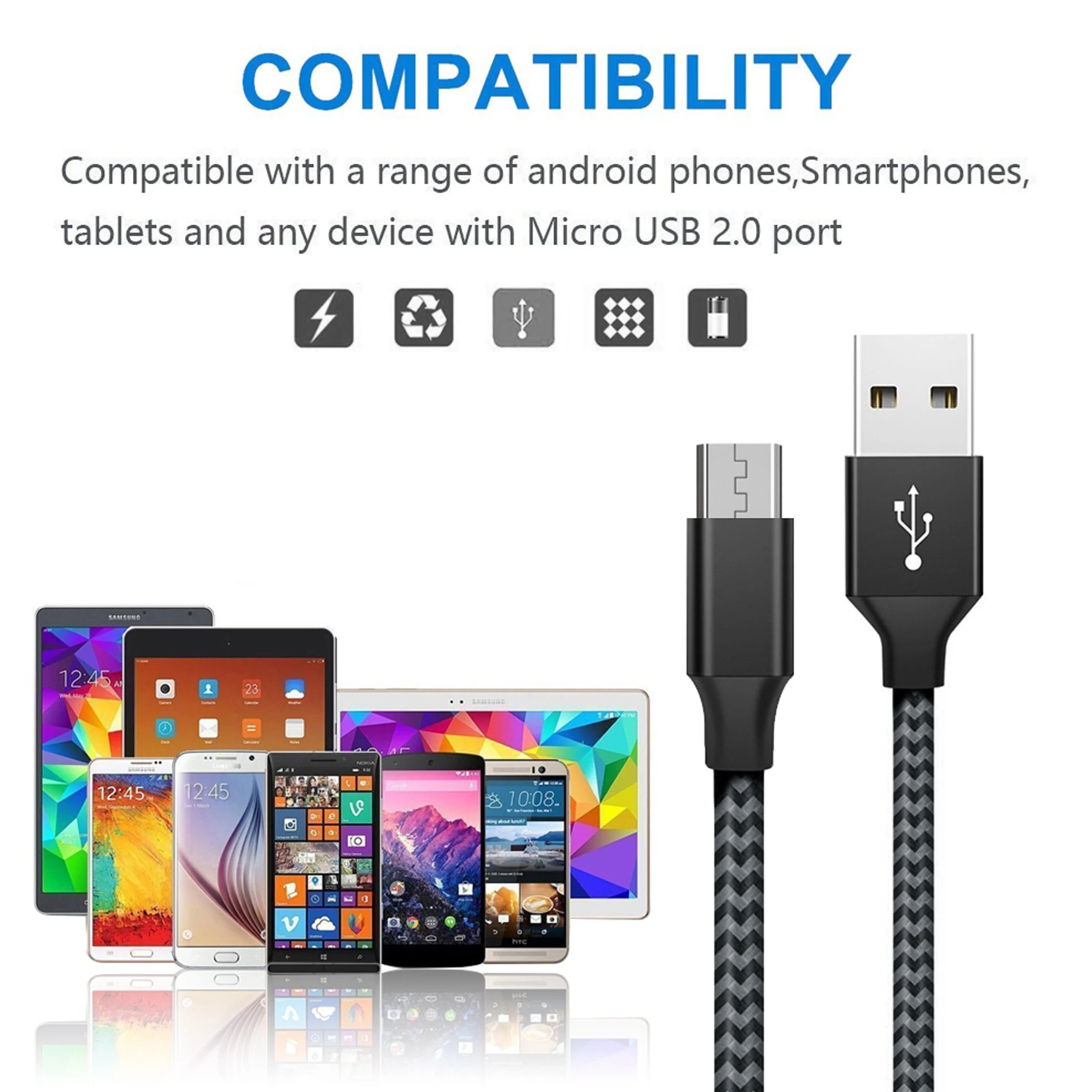Android Data Cable Fast Charging Cable for Older Phones with Trapezoidal Port Charger Cable Dual-Engine Micro USB Suitable for Huawei Xiaomi Vivo Meizu Honor Oppo Android Car Fast Charging Cable 1m