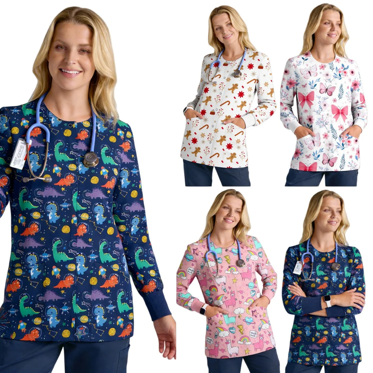 Women O-Neck Nursing Spa Scrub Uniforms Printed Scrubs Top Cartoon Medical Uniform Stretch Scrubs Top Long Sleeve Medicale Femme