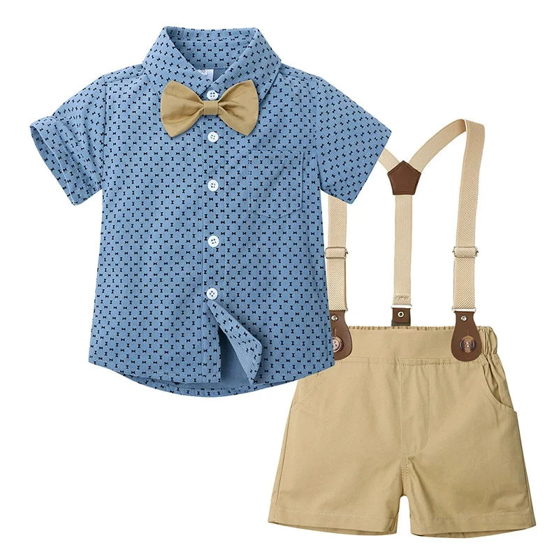 2PCS Baby Infant Boy Clothes Set Print Short  Sleeve with Bow+Shoulder Strap Pant Birthday for Kid 0-10 Years Gentleman Suit