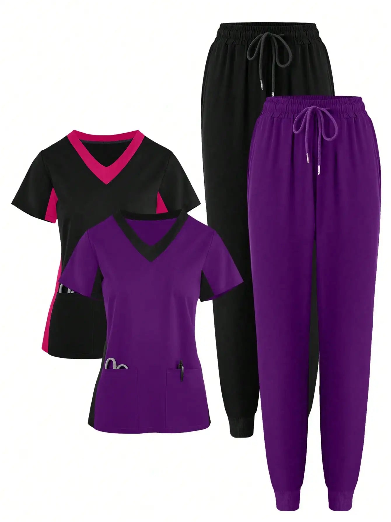 (4-piece Set)Scrubs Uniform Women's Jogging Brushed Elastic Sport Nurse Medical Uniform Scrub Top Work Suit Breathable Scrub Set