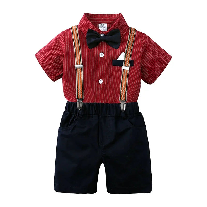 2PCS Baby Infant Boy Clothes Set Print Short  Sleeve with Bow+Shoulder Strap Pant Birthday for Kid 0-10 Years Gentleman Suit