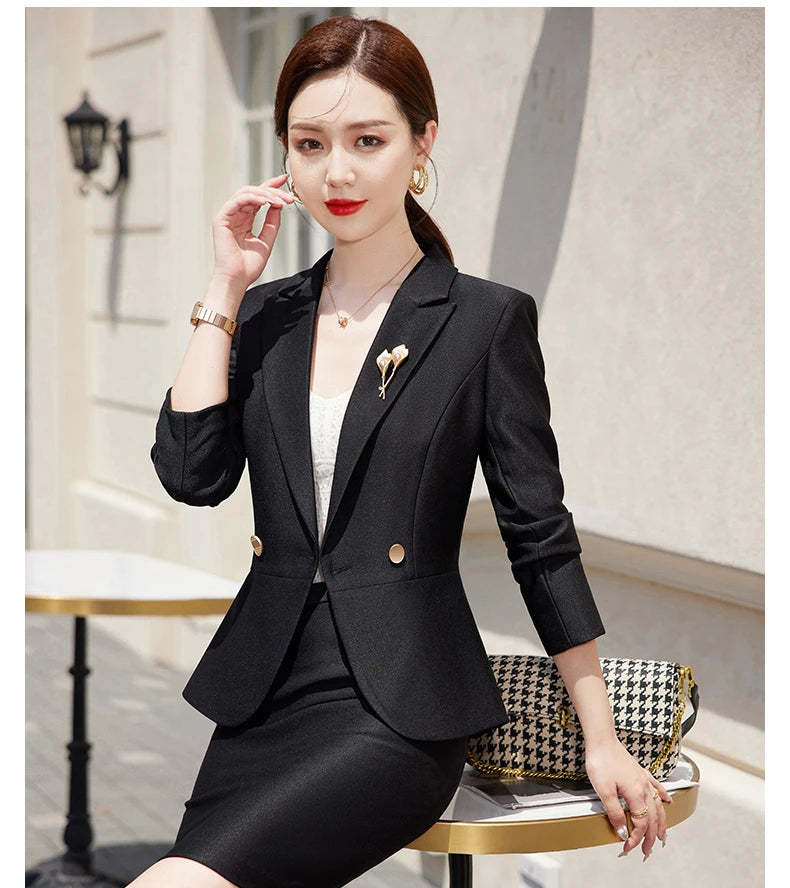 NAVIU Blue Suits Women 2023 New Autumn Professional Long Sleeve Rulffes Slim Blazer And Skirt Sets Office Ladies Work Wear Red