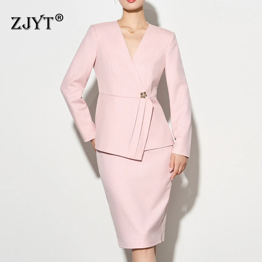 ZJYT Autumn 2025 Women Blazer Skirt Suit 2 Pieces Matching Sets Korean Fashion Office Lady Outfit Business Commuter Work Wear