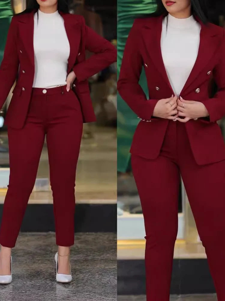 2Pcs Women's Solid Color Suit + Trousers Two-Piece Set Slim Fit Business Fashion Double Breasted Formal Female Clothes Outfit