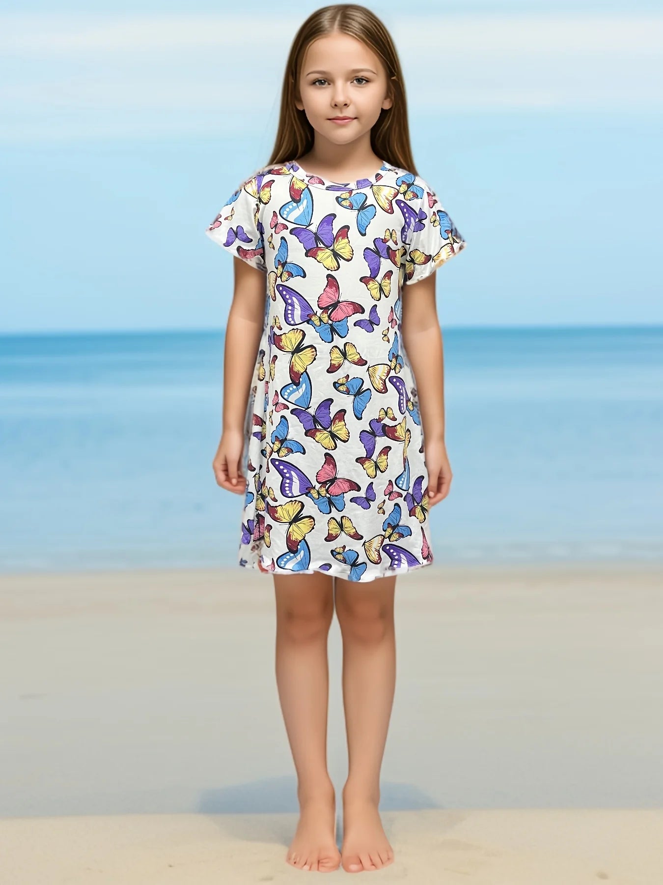 3-14 year old girl butterfly small fresh 3D printed short sleeved dress loose and comfortable party dress
