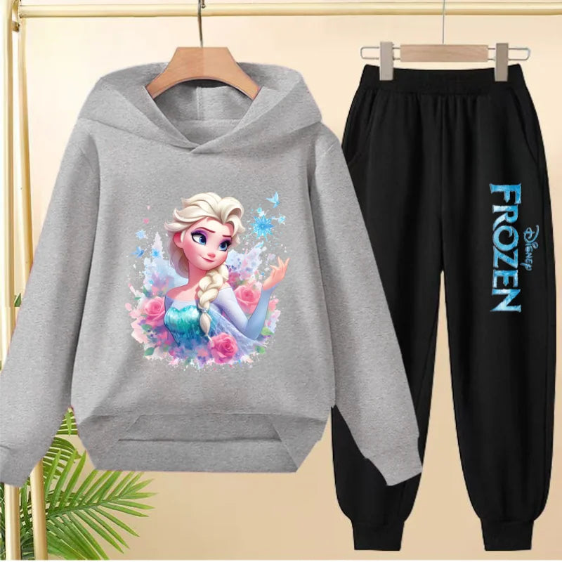 kids Kawaii Elsa Anima Film Pink Hoodies Boys Girls Casual Sweatshirt+Pants 3-12 Years Fashion Top Tracksuit Frozen Set Clothing