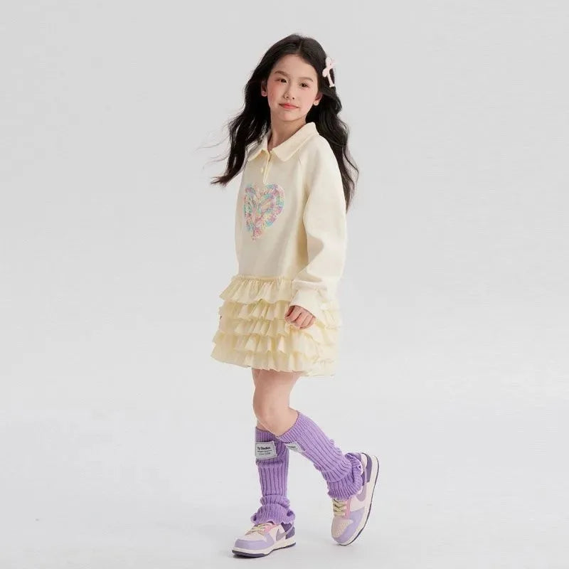 2025 New Autumn heart Teens Girls Cloth long sleeve T-Shirt Pleated splicing princess dress Children Tiered Skirt 5 12 14 year