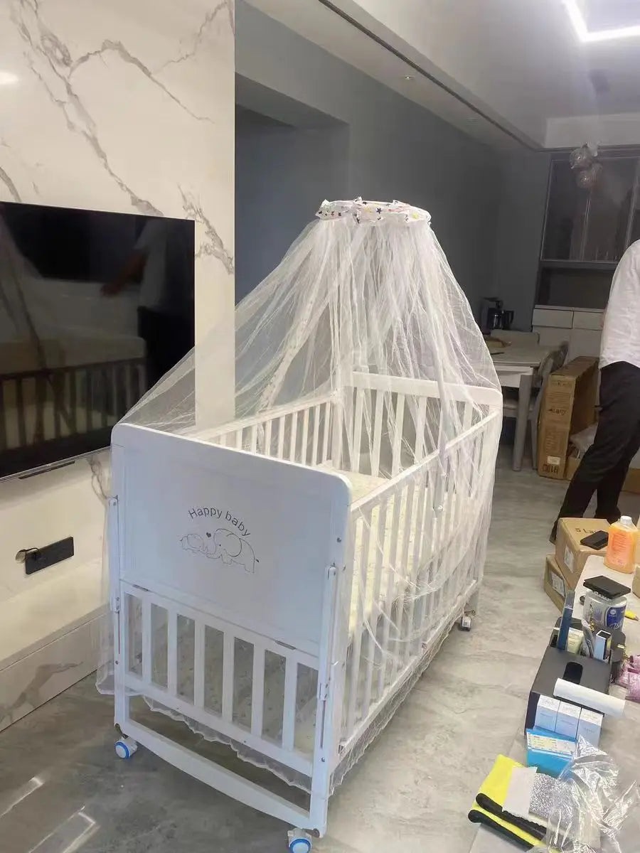 New 3 in 1 White Solid Wood Kids Cribs Adjisuable Wooden Baby Cot Bed With Net for New Born