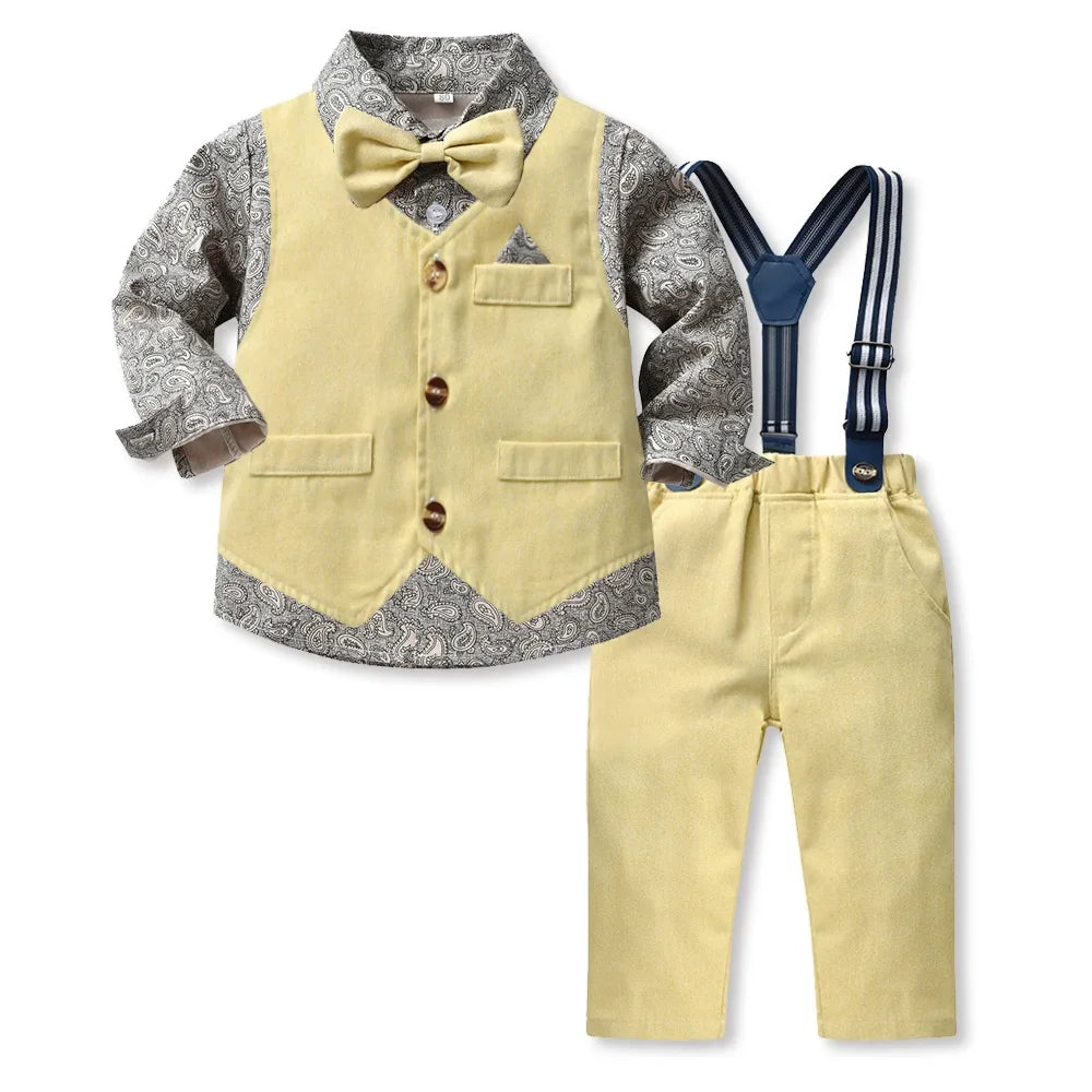 Children's Autumn Boy Suit 70-140cm Flower Shirt and Strap Pants with Vest and Bow Tie Handsome Suit Halloween Orange Color