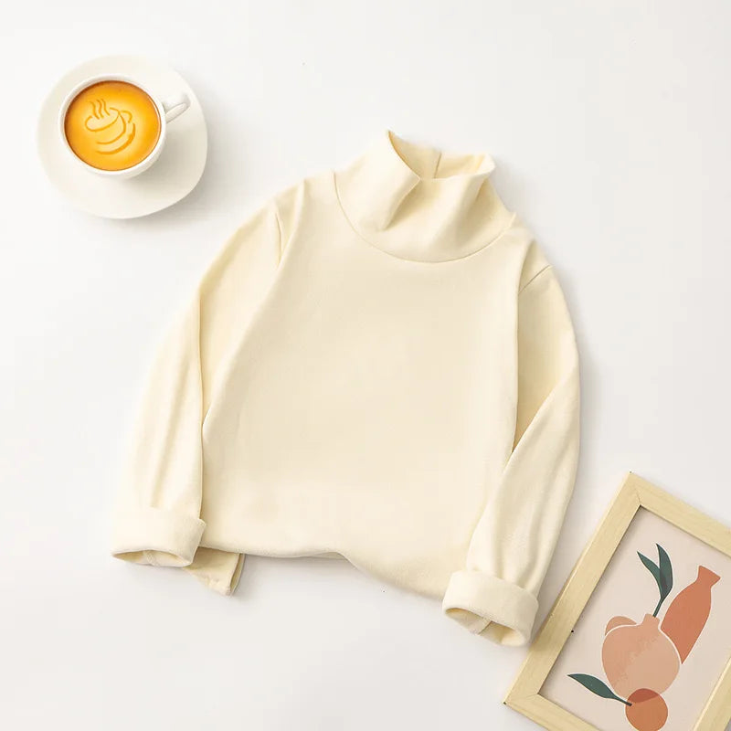 1pcs Children T-Shirt Cute Cartoon Solid Top Baby Korean Clothing Kids Half High Collar Long Sleeve Base Shirt Girls Boys Tshirt