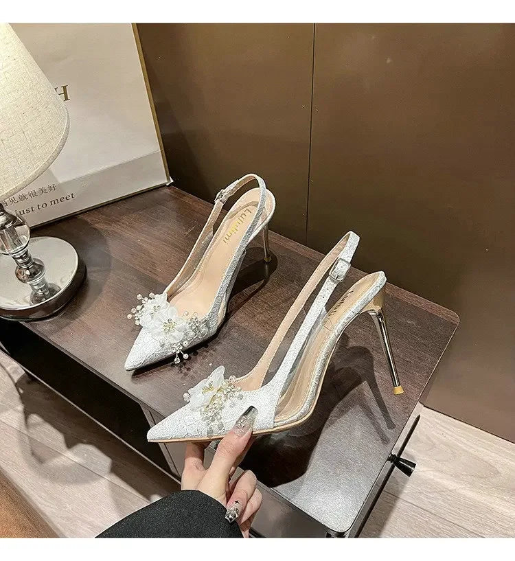 French Bride Gold Wedding Shoes for women Thin Heel Pointed Shallow Mouth Flower Rhinodrill High Heels Bao Head Fashion Sandals