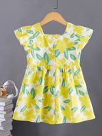 Vibrant Lemon Yellow Girl Short Sleeve Dress - Fresh Floral Pattern with Comfortable Cut