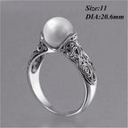 Charm Gift Vintage Carved White Pearl Ring Jewelry Yellow Gold Plated 14K