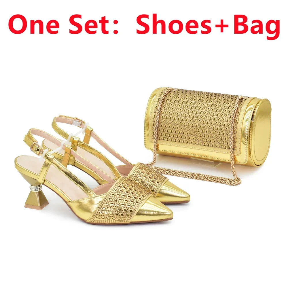 Shoe and Bags for Women Nigeria Party Women Nigerian Italian Shoes and Bags Set with Rhinestone Elegant Woman Heeled Pumps