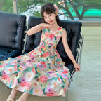 Girls Princess Dress Summer New Children's Puff Sleeve Long Dress Sweet Print Loose Kids Wear 6 8 10 12 14 Years Teens Clothes