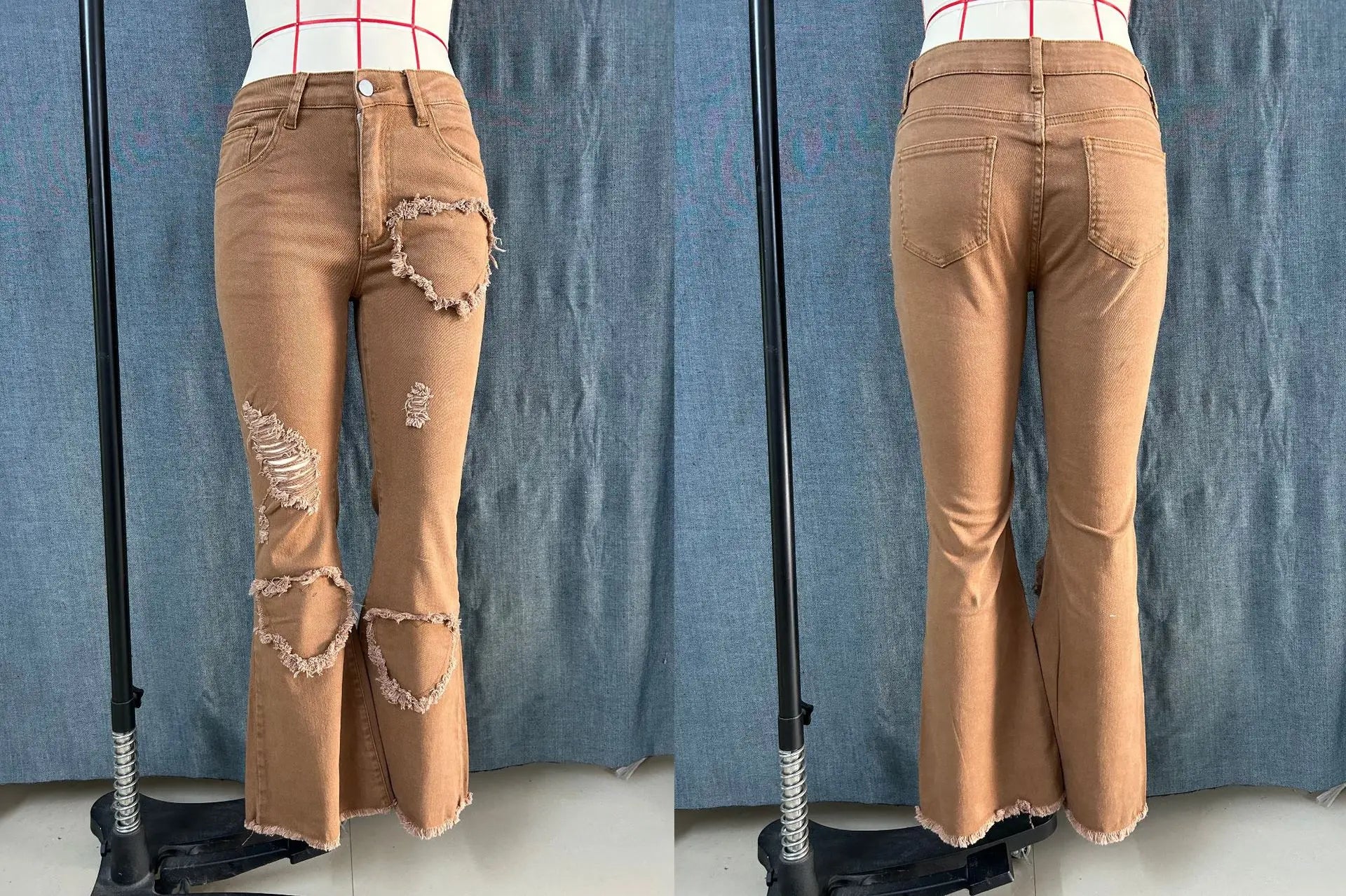 2026 Spring New Arrival Women's Pink Jeans, Blue Heart-Pattern Decorated Stretch Denim Trousers, Fashionable Flared Long Pants.