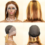 100% Human Hair 4/27 Brown Blonde 13x4 Straight Short Wig  200%Density Pre Plucked Transparent  Lace Human Hair Bob Wigs