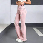 2026 Spring New Arrival Women's Pink Jeans, Blue Heart-Pattern Decorated Stretch Denim Trousers, Fashionable Flared Long Pants.