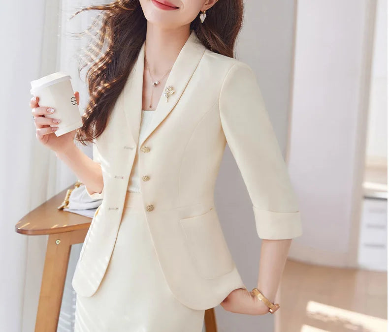 Yitimuceng Elegant Blazer for Women Office Fashion Three Quarters Suits Solid Single Breasted 2025 New All Seasons Skirt Suits